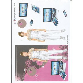 Konfirmationspige i buksedragt og pc