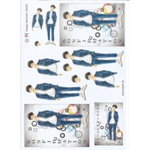 Konfirmationsdreng med bl� jakkes�t med baggrund