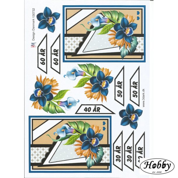 Fdselsdagskort 30 - 60r bl blomster