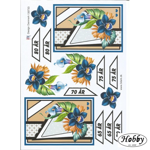 Fdselsdagskort 65 - 80r bl blomst
