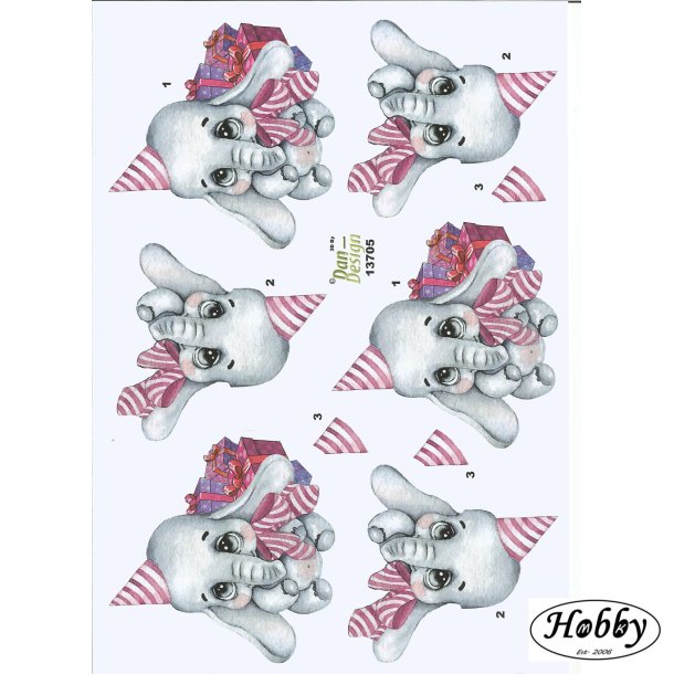 3D Elefant rd/lilla
