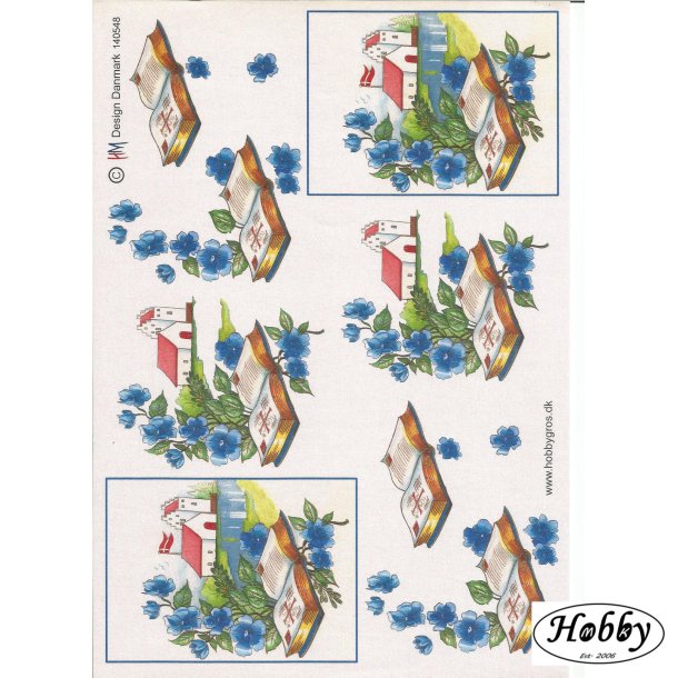 Kirke med blomster bl metal blank