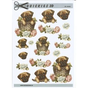 Hund i kurv med blomster