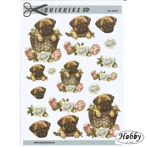 Hund i kurv med blomster